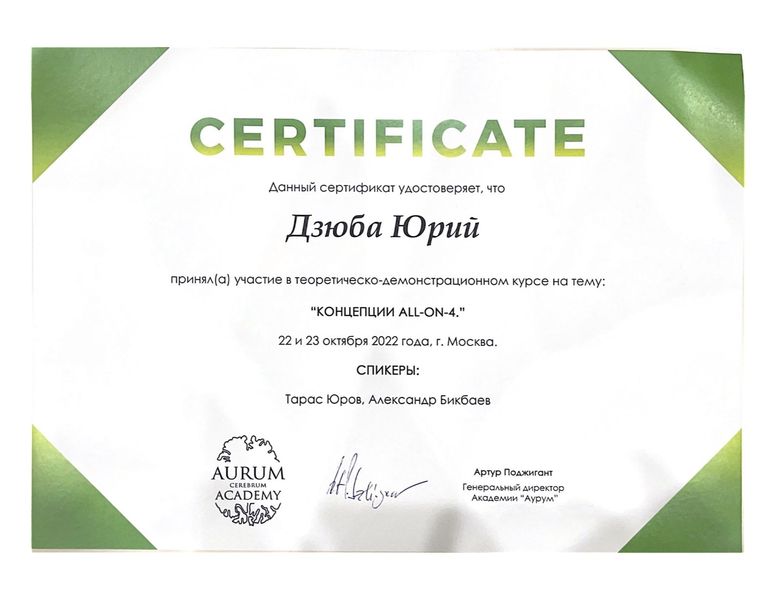 Сертификат Дзюба Юрий Иванович